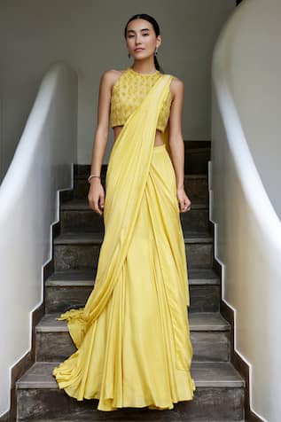 Parshya Pearl Embellished Yellow Pre-Draped Saree 
