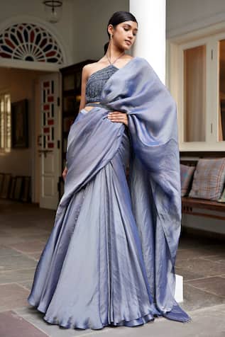 Parshya Plain Lehenga Saree With Embroidered Halter Neck Blouse 