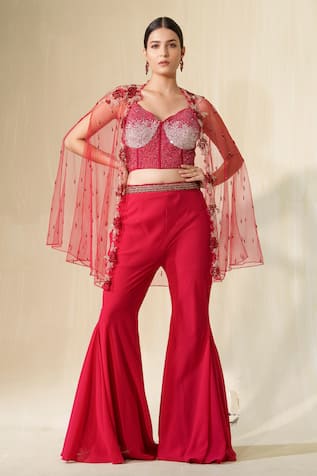 Tamaraa By Tahani Bulbul Net Embroidered Cape Bootcut Pant Set 