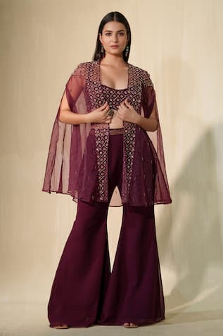 Tamaraa By Tahani Laila Embellished Cape Flared Pant Set 