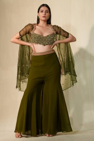 Tamaraa By Tahani Maaya Cutwork Cape Flared Pant Set 