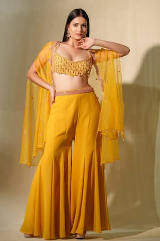 Tamaraa By Tahani Kalee Cutwork Cape Flared Pant Set 