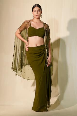 Tamaraa By Tahani Organza Scallop Cape Draped Dhoti Skirt Set 