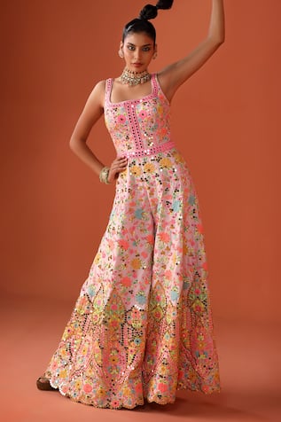 Rajbinder Chahal Floral Applique Embroidered Flared Jumpsuit 