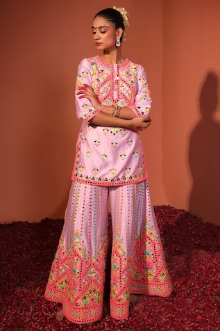 Rajbinder Chahal Floral Applique Embroidered Kurta Sharara Set 