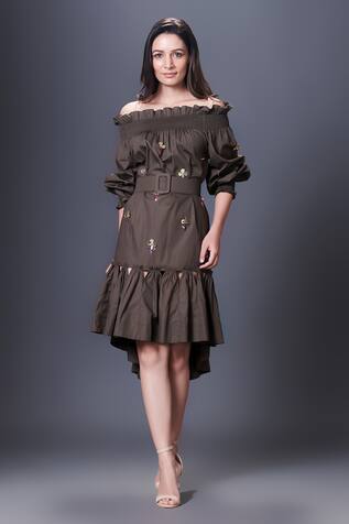 Off Shoulder Embroidered Dress With Belt 