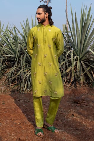 Buy Mehndi Green Printed Cotton Silk Kurta Pajama (NMK-4820) Online