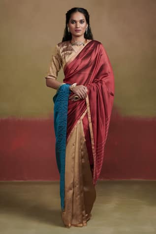 Golden Pre-Stitched Saree With Velvet Embroidered Blouse – TheStylease.com