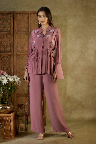 Feather Embellished Shirt With Pant 