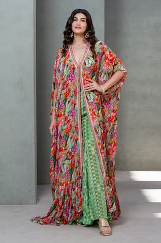 Rishi and Vibhuti Bouquet Bliss Printed Kaftan With Flared Pant 