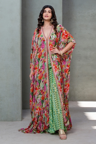 Rishi & Vibhuti Bouquet Bliss Printed Kaftan With Flared Pant