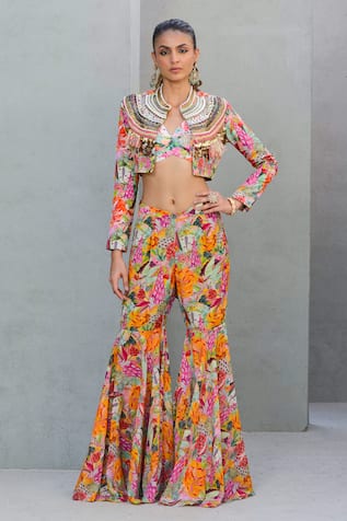 Rishi and Vibhuti Tropical Bloom Printed Jacket Flared Pant Set 