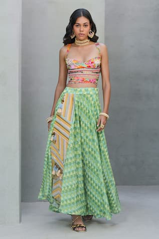 Rishi And Vibhuti Marvel Mist Scallop Print Lehenga With Wrap Around Blouse 