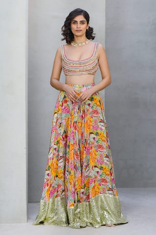 Rishi and Vibhuti Floral Tapestry Printed Lehenga With Embellished Blouse 