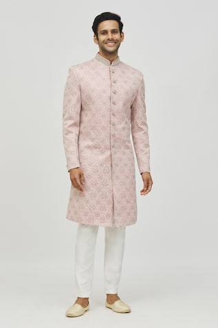 Mughal Floral Pattern Self Hand Work Sherwani Set 
