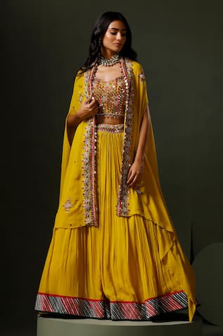 Two Sisters By Gyans Nimbu Mirchi Embellished Cape Lehenga Set 