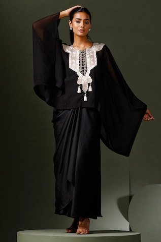Two Sisters By Gyans Aztec Yoke Embroidered Cape Draped Skirt Set