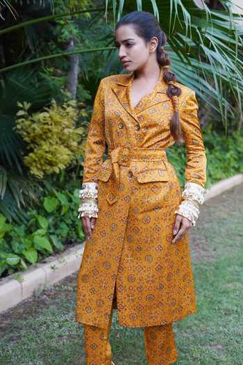 Ekavira Sunheri Hand Block Print Trench Coat 