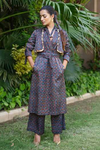Ekavira Neelam Hand Block Print Trench Coat 