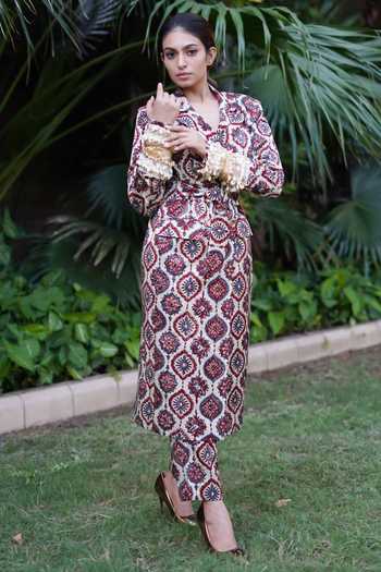 Ekavira Kafoori Hand Block Print Trench Coat & Pant Set 