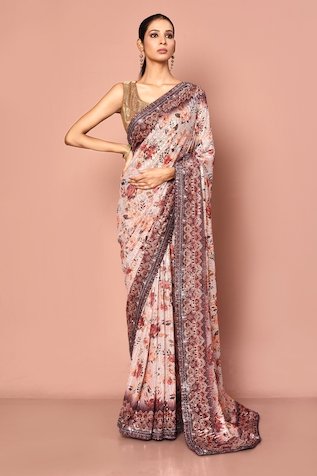 Buy Red Muslin Printed Round Solid Saree With Blouse For Women by Nazaakat  by Samara Singh Online at Aza Fashions.