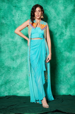 Saaj by Ankita Chevron Thread Work Cape Draped Skirt Set