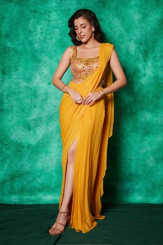 Saaj by Ankita Mukaish Embroidered Slit Pre-Draped Saree With Blouse 