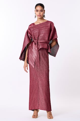 Scarlet Sage Kallista Pleated Metallic Dress With Cape 