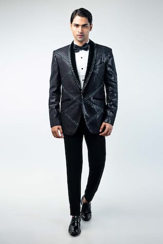 Black Velvet Embroidered Tuxedo Set 
