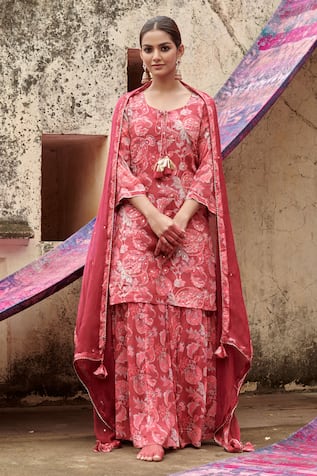 KARAJ JAIPUR Floral Print Embroidered Kurta Gharara Set 