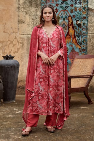 KARAJ JAIPUR Paisley Print Embroidered Kurta Pant Set 