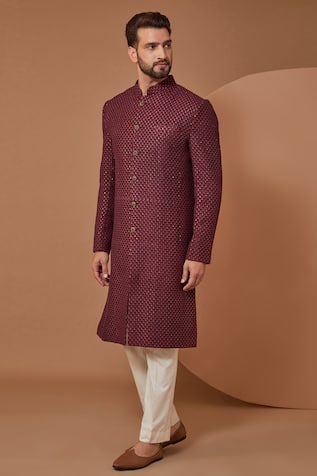 Thread & Sequins Embroidered Silk Sherwani Set 