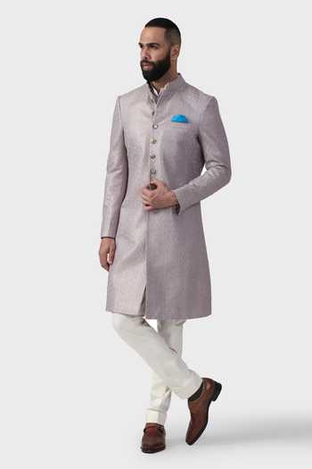 Raghavendra Rathore Jodhpur Gilded Geometric Brocade Pattern Achkan 