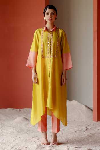 Shikha Mehta Trisha Bloom Mirror Embroidered Collared Tunic Pant Set 