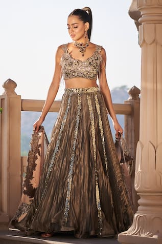 tara thakur Copper Tissue Sequins Embroidered Lehenga Set 