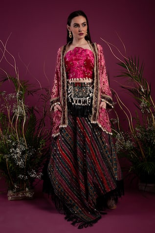 tara thakur Velvet Floral Pattern Jacket Stripe Print Lehenga Set 