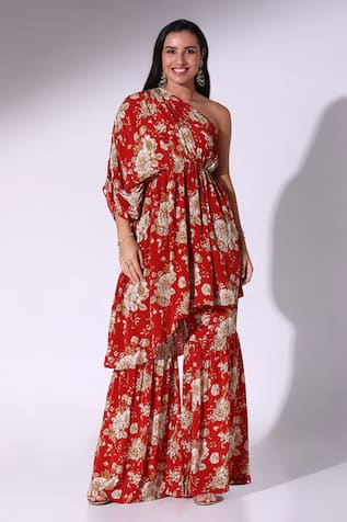 Rosalia Bloom Print One Shoulder Tunic With Sharara 