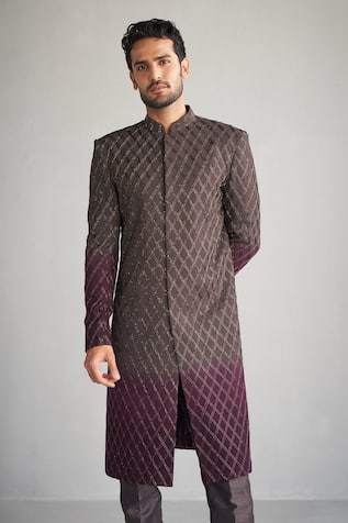 Sawan Gandhi Chequered Embroidered Sherwani With Pant 