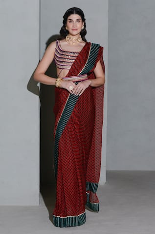 Rishi and Vibhuti Geometric Print Saree With Embellished Blouse 