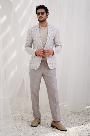 Asuka Parchment Plaid Checkered Linen Blazer & Trouser Set 