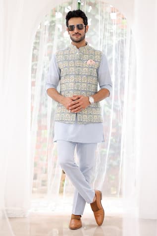 Asuka Floral Tile Print Linen Bundi Kurta Set 