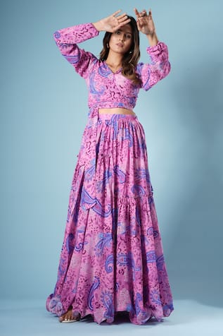 Printed Tiered Lehenga & Blouse Set For Kids