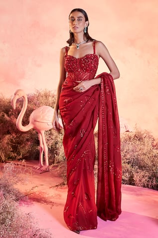 PARUL GANDHI Rose Bloom Embellished Saree With Corset Blouse 