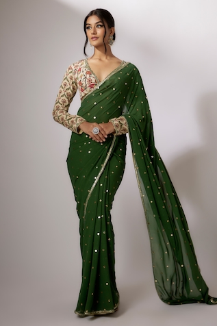 Black Chiffon Saree with Emerald Green Crystal Belt – Talking Threads