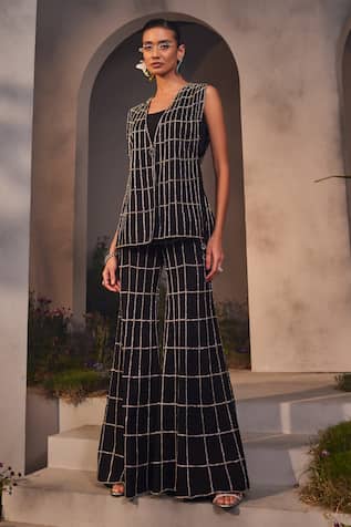 Charu And Vasundhara Lea Checkered Embroidered Jacket Pant Set 