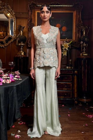 Mint Floral Embroidered Jacket Pant Set 