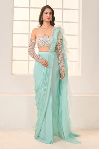 Peach & Silver Ruffle saree with Embroidered Blouse – Roop Sari Palace
