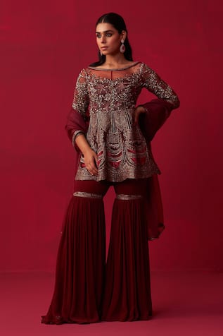 Adaara Couture Glitch Embroidered Peplum Top Sharara Set 