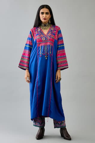 Kora Silk Yoke Embroidered Long Kurta & Pant Set 