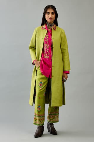Kora Silk Quilted Long Jacket Pant Set 